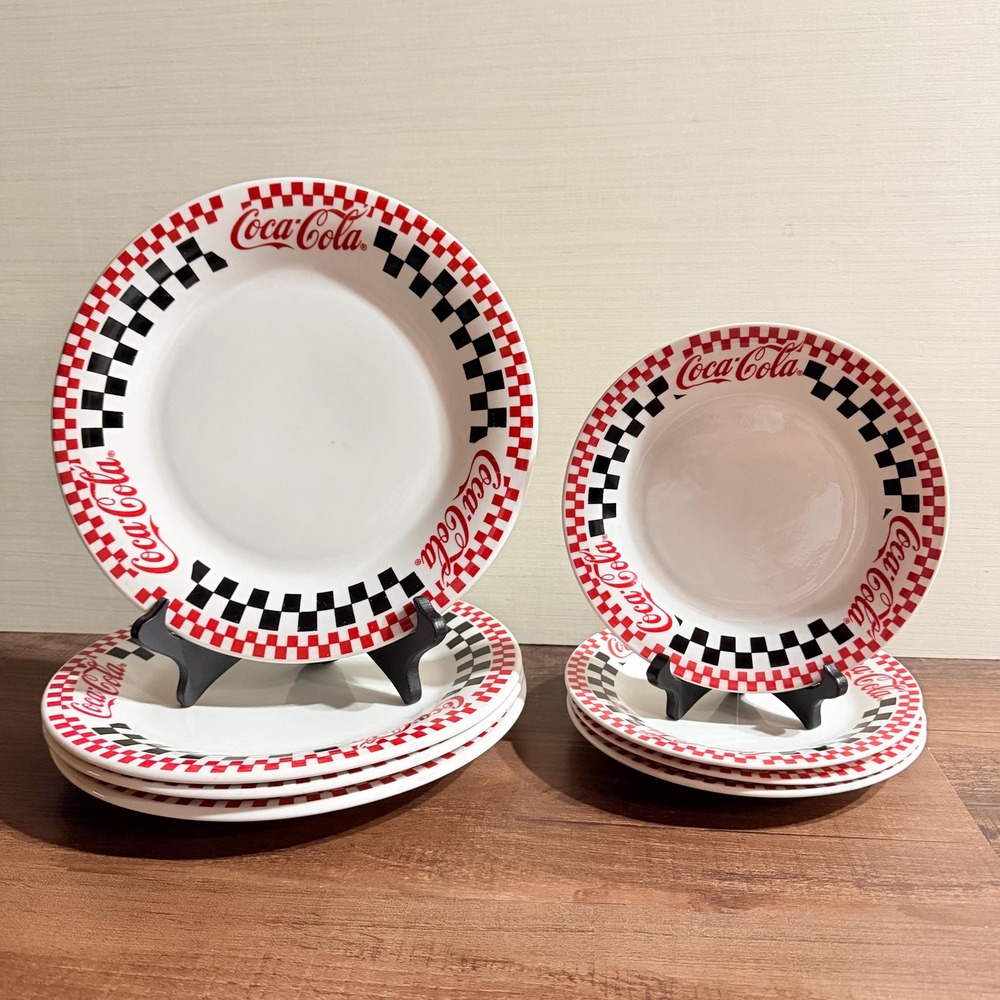 8 VTG 90s Coca-Cola Gibson Checkerboard Plates 4 Dinner 4 Salad Plates Red Black